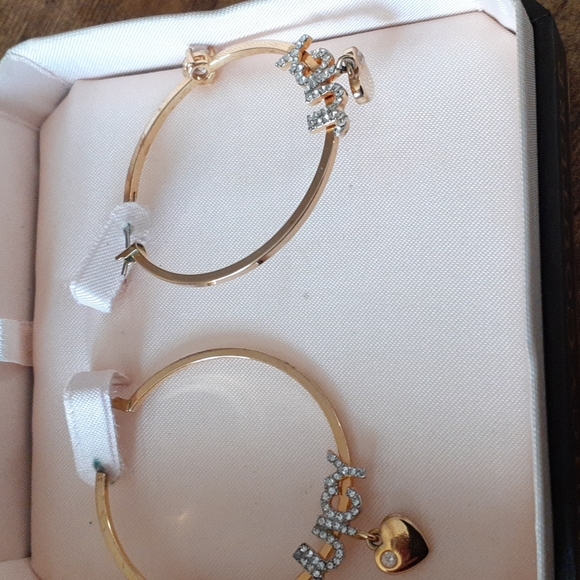 Juicy Couture gold hoop earrings w/ heart dangles/crystal adorned JUICY letters